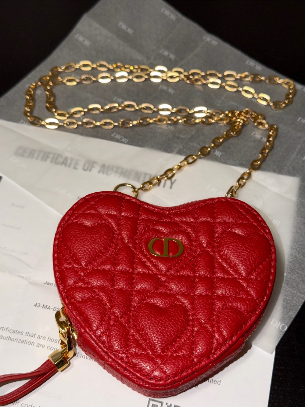 Dior Leather Cannage Heart Chain Mini Shoulder Bag Pouch Red